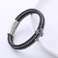 Bracciale da uomo in pelle intrecciata con croce e chiusura magnetica su ceramica bianca - Stile Croce / Nero