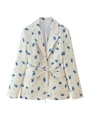 Cream floral blazer with blue flower print and waist belt for a feminine style - S / Orchid