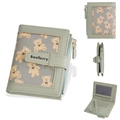 Women's compact mint green tri-fold wallet with bear print and multi-card slots - Light Green