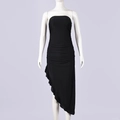 Detailed view of black off-shoulder bodycon dress with side ruching and ruffled hemline - S / Black