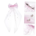 Pink tulle bow hair clip with pearls and long veil for weddings and bridal events - 45cm / Light Pink