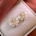 Vintage gold wreath earrings featuring white pearls and cubic zirconia stones - Zirconia Pearl Wreath Ear Buckle (22#)