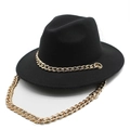 Chapeau fedora classique en feutre noir avec une grosse chaîne en métal doré tendance - M (56-58cm) / Noir