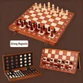 Foldable wooden magnetic chess and checkers set with storage and dark brown finish - New 39*39cm Magnetic Walnut Color (Efficient Storage)