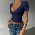 Deep blue slim fit V-neck short sleeve top for women in Y2K style with ribbed texture - S / Navy Blue