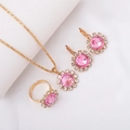 Elegant gold jewelry set with pink stones and clear zircons in flower design - Three-Piece Set / Round-Pink