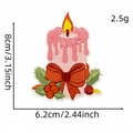 Pink Christmas candle embroidered patch with red bow and green leaves 8cm iron-on motif - 10# Candle