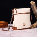 Borsa a tracolla vintage bianco sporco in pelle a grana con finiture in cuoio marrone - Bianco latte
