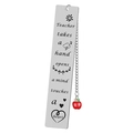 Macro shot of stainless steel bookmark with engraved teacher quote and red apple charm - A17-Apple Charm Heart Work