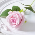 Single pink velvet artificial rose with green leaves on white decorative tray - 7cm / Pink Center (Velvet)