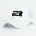 Detailed view of the distressed brim and TIME embroidery on a white mesh trucker hat - One Size Adjustable / White