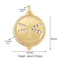 Golden dragonfly pendant charm with white zircon accents and circular frame 21mm - K539725-Gold Zircon Dragonfly Coin
