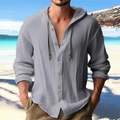Men's grey cotton linen hooded shirt with long sleeves and button neckline in beach setting - S / Tops / Gray