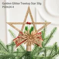 Golden glitter star tree topper with red berries and bow on a Christmas tree - Gold Glitter Star Tree Topper (Style M)