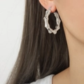 Modern silver bamboo-style C-shaped hoop earrings in a polished metallic finish - Large Steel Color Earrings / 38X38mm / Silver