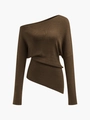 Detail of the brown off-shoulder knit sweater showing irregular asymmetric hem and fine texture - S / Dark Brown