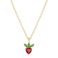 Close-up of strawberry pendant necklace with red heart stone and green leaf accents - Gold Strawberry Necklace