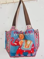 Blaue Tragetasche aus Canvas mit bunter Elefantenstickerei und Holzknopfverschluss - Stil 55-Blau THAILAND Elefant