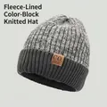 Winter fleece-lined knit hat in dark and light gray patchwork with vintage leather patch - Co Knit Style / Gray