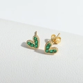 Elegant gold heart stud earrings with inlaid green zircon and vintage beaded texture - Green
