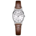 Elegant mini oval silver watch with dark brown alligator leather strap for women - Silver Case Brown Leather Strap