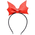 Detail shot of Halloween headband with sparkly red bat wings on a slim black frame - 53# Glitter Bat Red