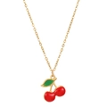 Collana con ciliegia dorata in smalto rosso e foglie verdi su sfondo bianco puro - Stile Ciliegia in Acciaio Inossidabile (12239)