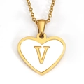 Golden heart pendant necklace featuring letter V in white enamel on a cross chain - Letter V - Gold Heart White Shell