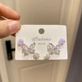 Detailed shot of Silver 925 earrings with purple roses, butterflies and white pearls - 21# Purple Butterfly (6 Pairs)