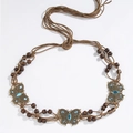 Detail of woven brown rope belt with wooden beads and bronze butterfly crystal accents - 3 Blue Butterflies