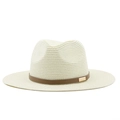 Detail of the woven texture and brown leather strap on the creamy straw fedora hat - Milk White