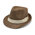 Classic brown straw fedora hat with cream woven band for summer beach vacation - M (56-58cm) / Brown