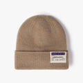 Winter khaki knitted beanie with fleece lining and retro boarding pass letter patch - One Size / Khaki