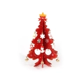 Detail of red wooden Christmas tree with snowman ornaments and gold bells - Red