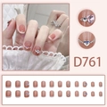Short French press-on nails with nude pink base, heart rhinestones and white tip accents - D761 Blush Heart Diamond Style (Glue Type)