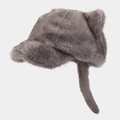Close-up of deep gray faux fur winter hat with cute cat ears and long earflaps - Dark Gray