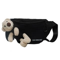 Black canvas waist bag featuring a 3D plush teddy bear and adjustable strap - Black