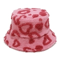 Detail of pink faux shearling bucket hat featuring fluffy texture and heart patterns - Rose Red / M (56-58cm)