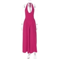 Detail des tiefen V-Ausschnitts und des Neckholders an diesem rosaroten Jumpsuit - S / Fuchsia