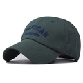 Close-up of American University blue embroidery on dark green cotton baseball cap - Adjustable / Army Green