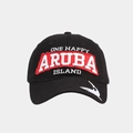 Detalle del parche bordado de Aruba y silueta de marlín en gorra de golf de algodón - Ajustable / Negro