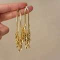 Exaggerated golden leaf fringe earrings featuring a layered snake chain design - Golden Wheat Tassel Layered Earrings