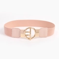 Women's pink elastic waist belt with gold round buckle and lychee texture leather trim - Pink