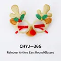 Christmas round reindeer antler glasses with golden frame, ears and red plush pompom - Round Reindeer Antler Decorative Glasses with Ears (Gold)