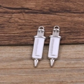 Silver syringe charms with white enamel inlay for medical DIY jewelry making - Medical Syringe Pattern / Silver/White