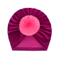 Velvet baby warm hat in plum purple with a large pink fluffy faux fur pompom detail - One Size / Purple Red + Rose Red