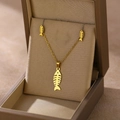 Golden fishbone pendant necklace and earrings set showcased in a beige jewelry gift box - Fishbone (TZ-414)