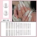 Long coffin press-on nails in sheer white with silver glitter, butterfly and rhinestones - SGCY-242 / Glue Type