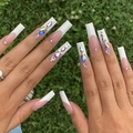Unghie finte quadrate extra lunghe con punte French bianche e strass iridescenti di lusso - Stile Strass Francese (Tipo di Colla)