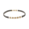 Bohemian Tila bead stretch bracelet featuring black white and gold striped ceramic tiles - Black White Gold Stripe